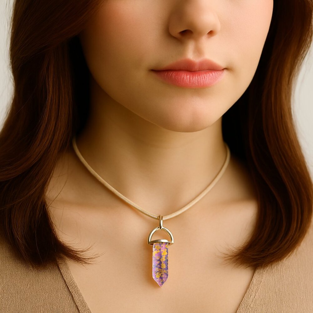 Rainbow Crystal Point Pendant Necklace, Clear Resin Colorful Confetti Beige Cord